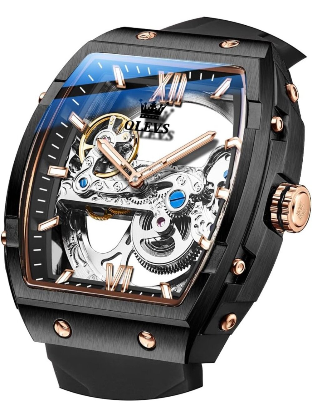 Stylish Men's Skeleton Automatic Watch | Casual Tonneau Design | Silicone Strap